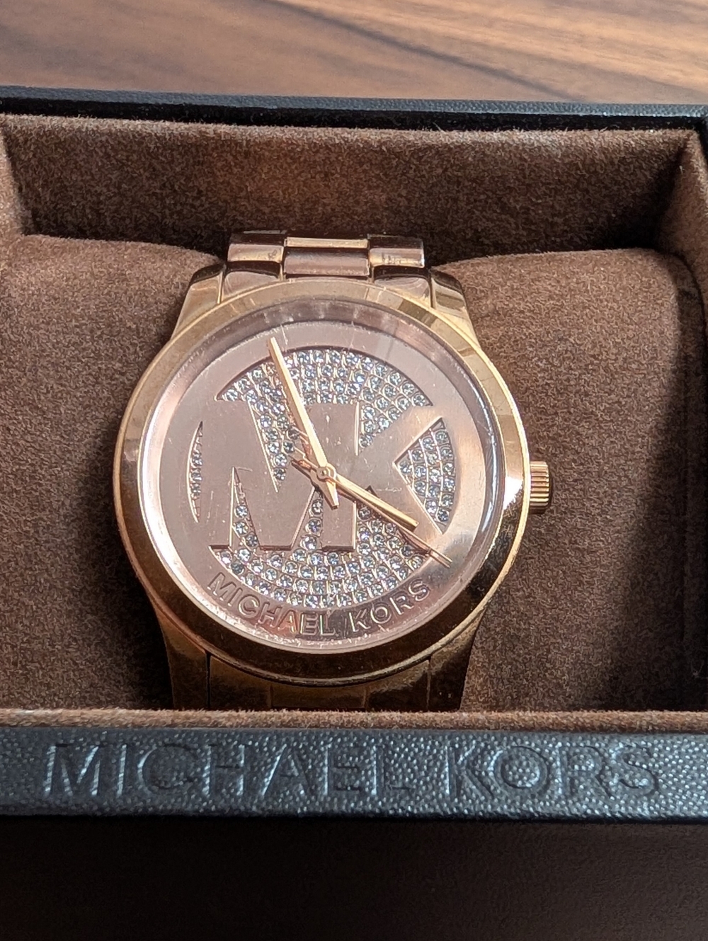 Michael Kors Rose Gold Crystal MK Logo Bracelet Watch
